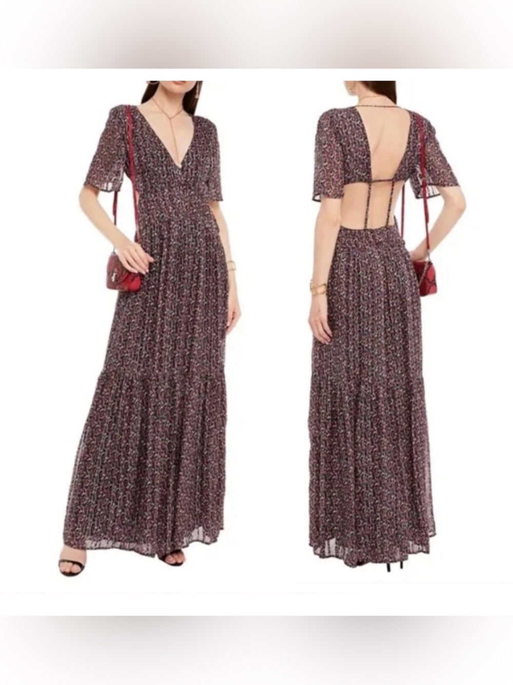ba&sh | Georgette Burgundy Floral Backless V-Neck Maxi Dress